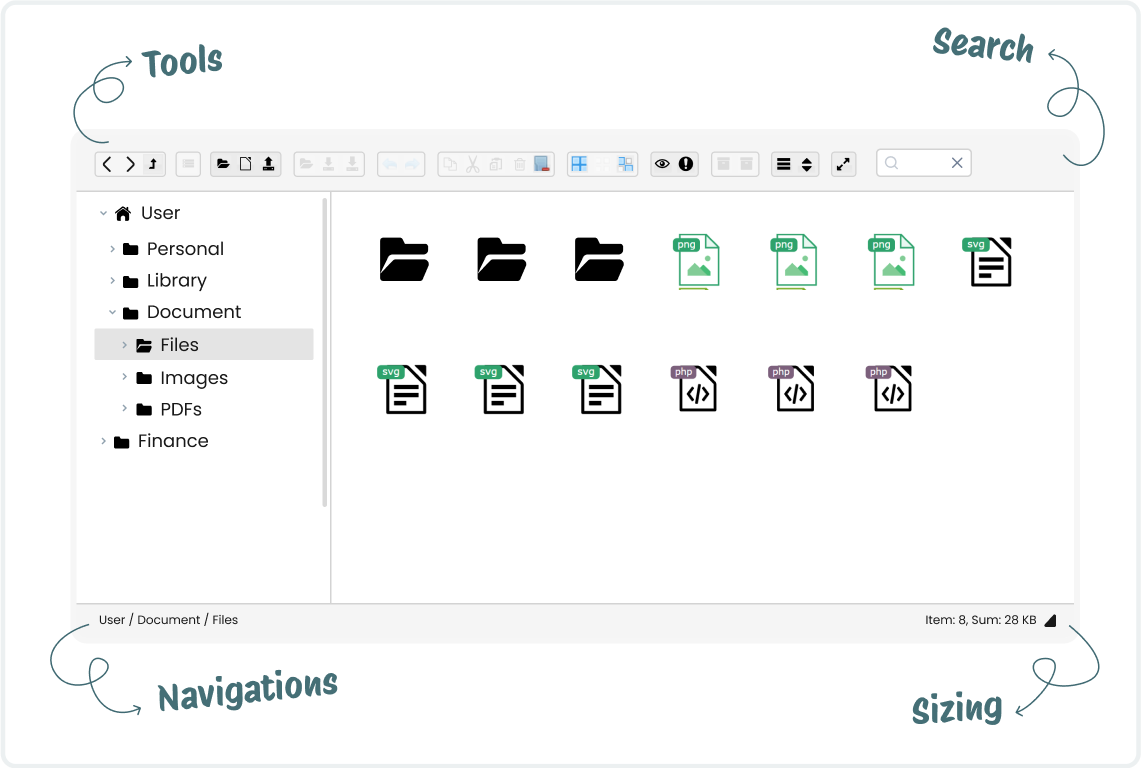 Screenshot of the Advanced File Manager in dark mode view
